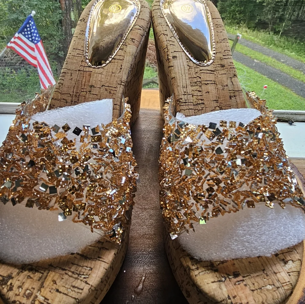 Gold and Tan Wedge Sandals